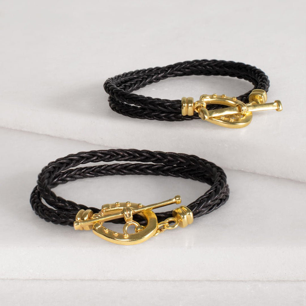 Roundup - Braided Leather Horseshoe Bracelet in Black & Gold - URBANPICK FASHION