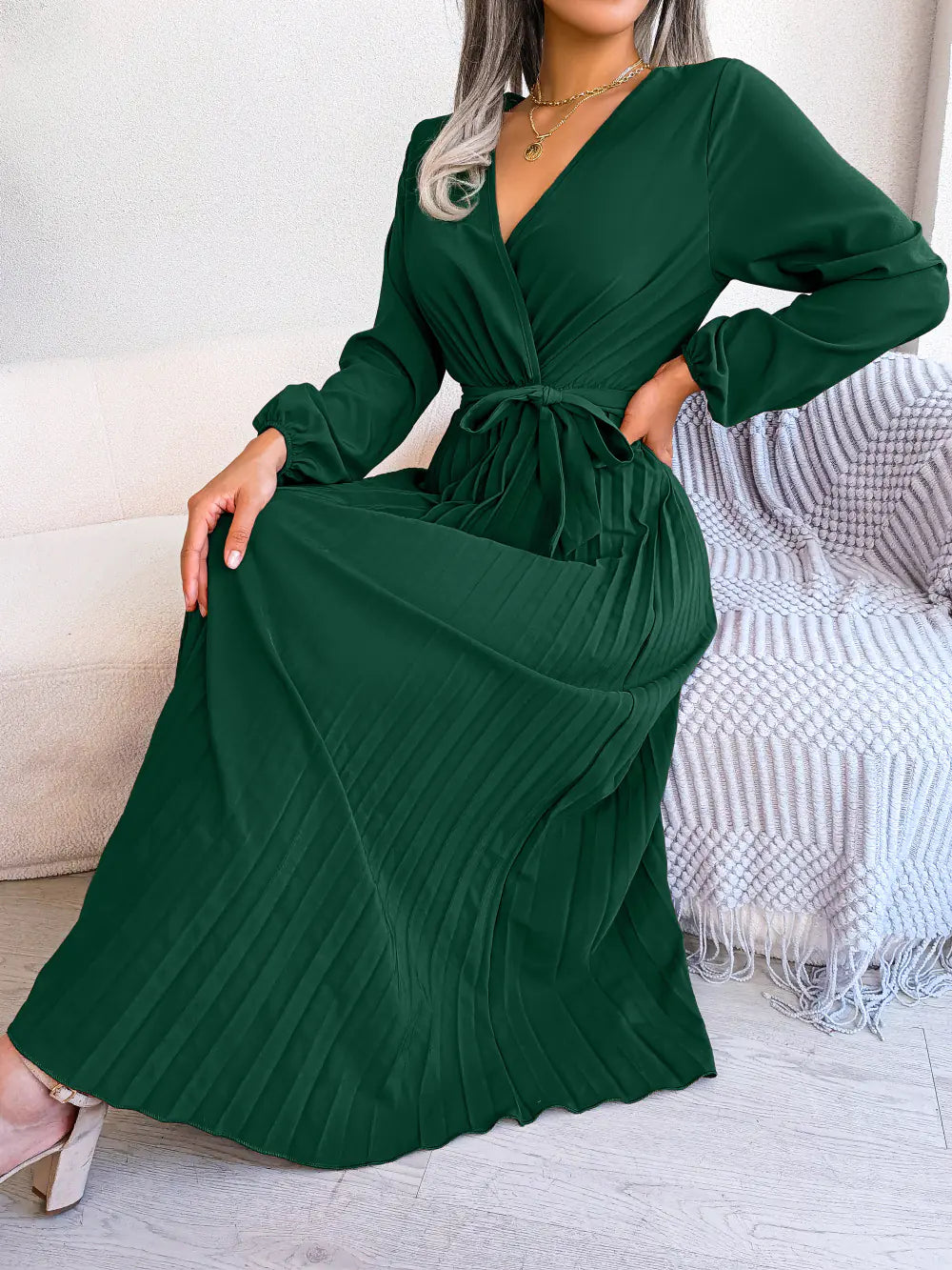 Spring/Summer Cross V-Neck Pleated Maxi Dress - URBANPICK FASHION