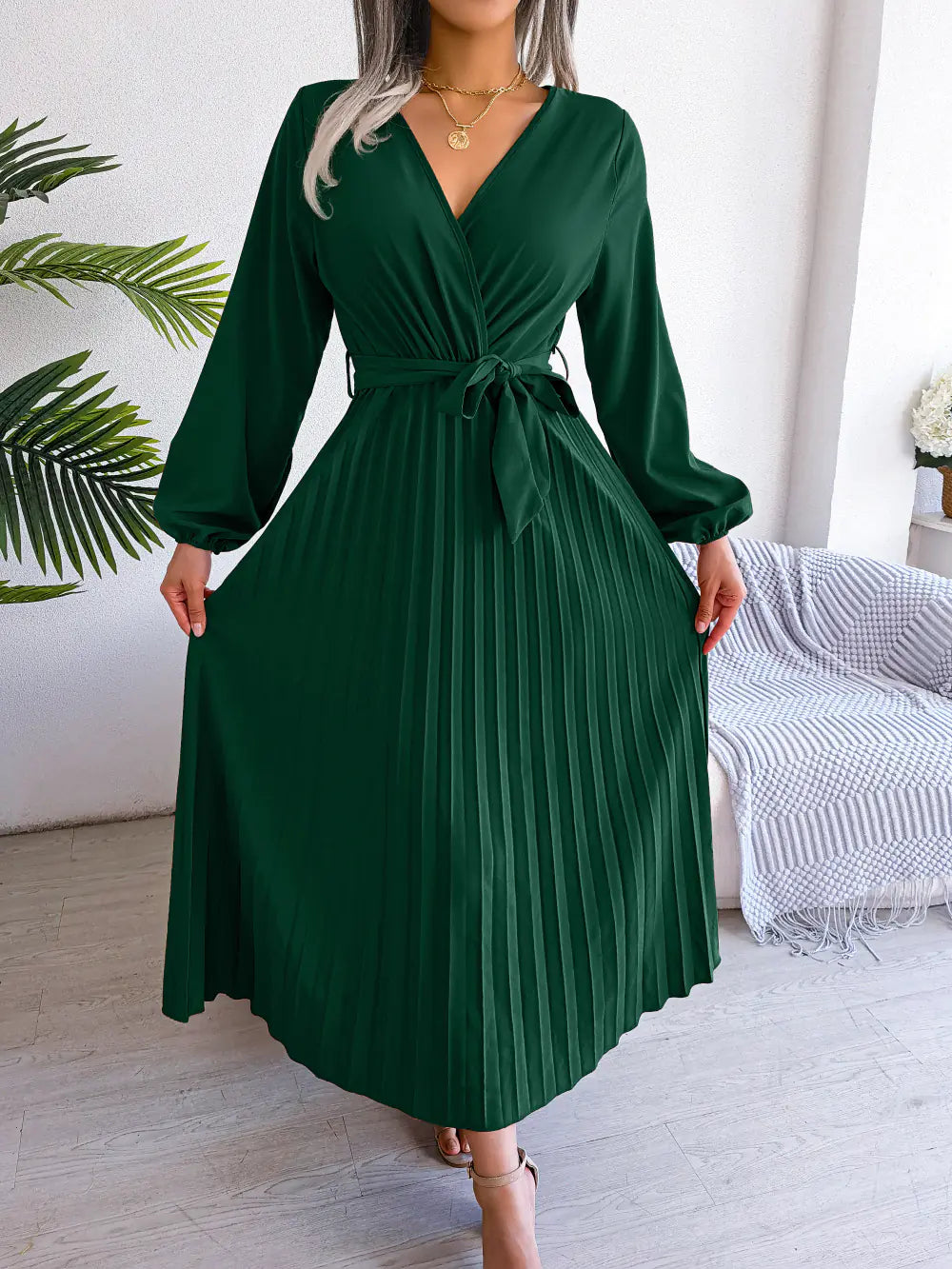 Spring/Summer Cross V-Neck Pleated Maxi Dress - URBANPICK FASHION