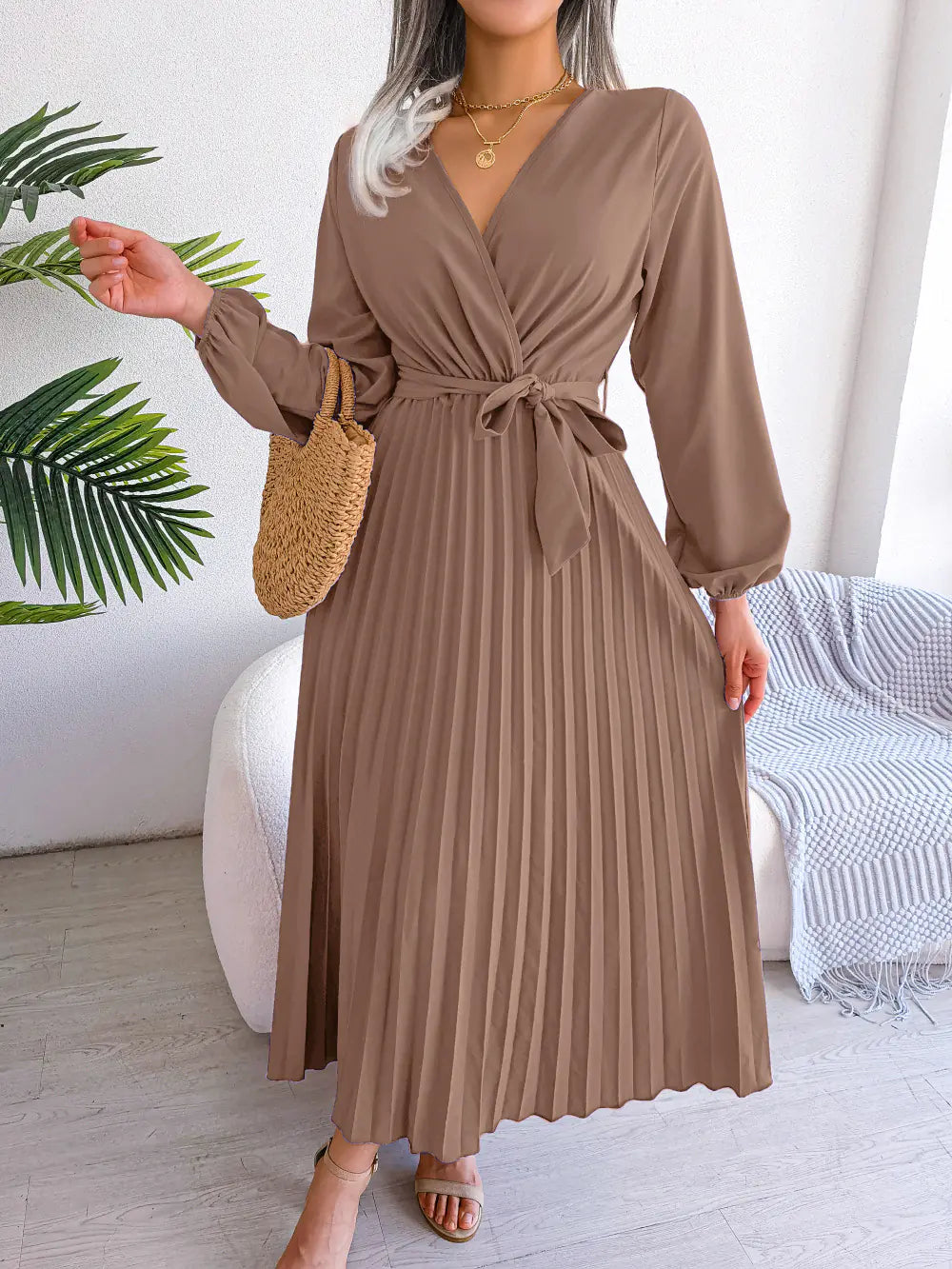 Spring/Summer Cross V-Neck Pleated Maxi Dress - URBANPICK FASHION