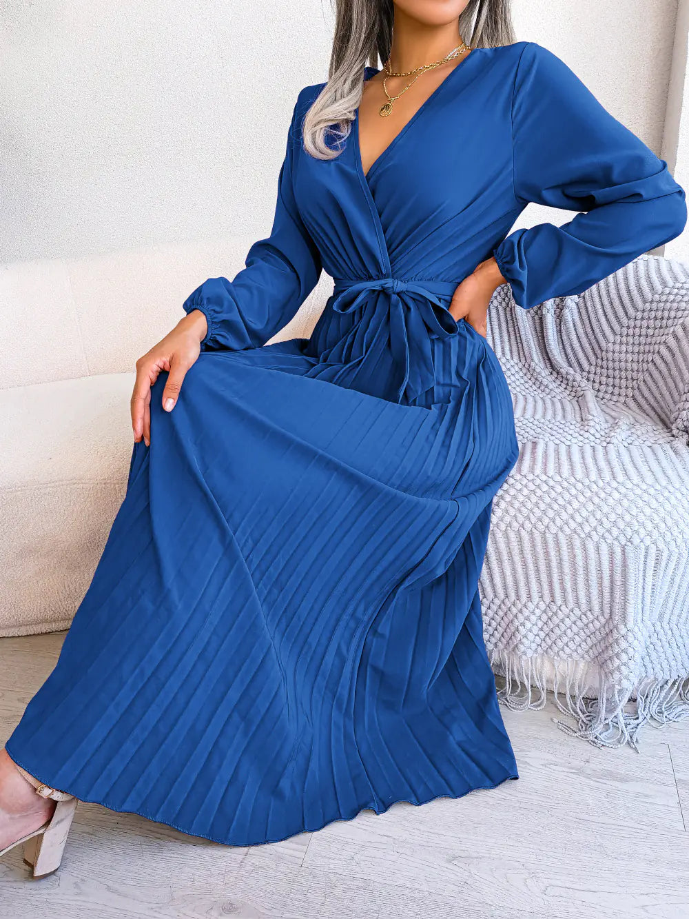 Spring/Summer Cross V-Neck Pleated Maxi Dress - URBANPICK FASHION