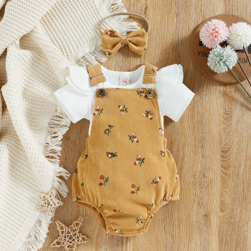Girls' Floral Corduroy Suspender Pants Set with Headband - URBANPICK FASHION