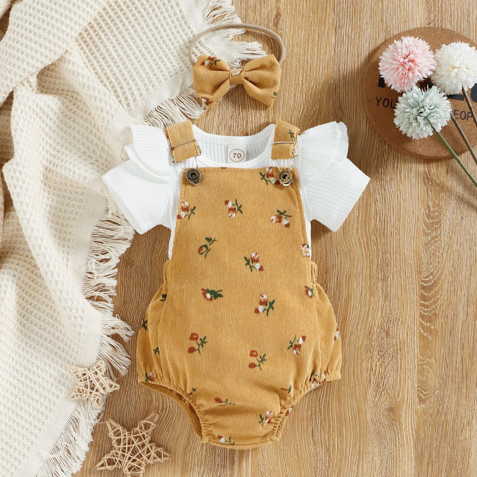 Girls' Floral Corduroy Suspender Pants Set with Headband - URBANPICK FASHION